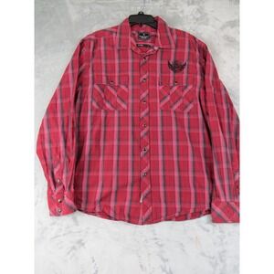 Marc Ecko Red Plaid Western Snap Shirt XL Long Sleeve Embroidered Wings Back